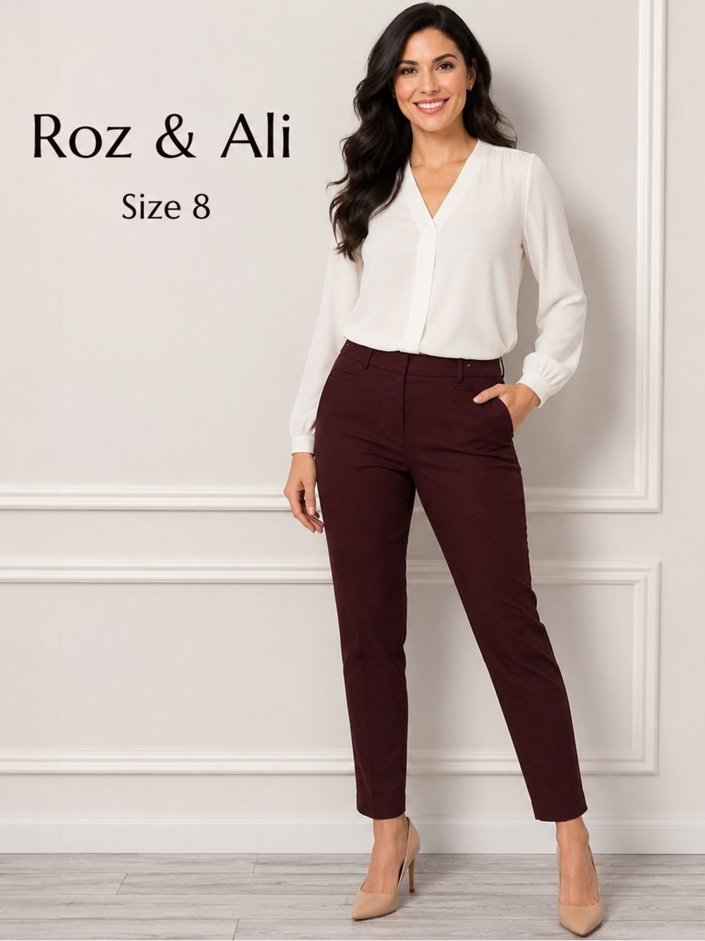 Roz & Ali Burgundy Slim Ankle Dress Pants Size 8 Textured Career Office